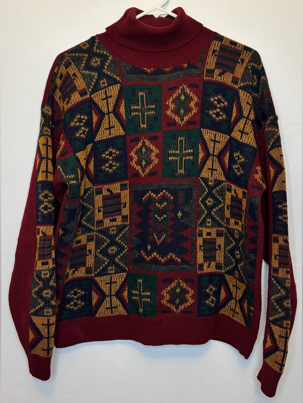VTG Sears Roebuck Italy Geometric Wool Turtleneck Sweater Mens M Coogi Style